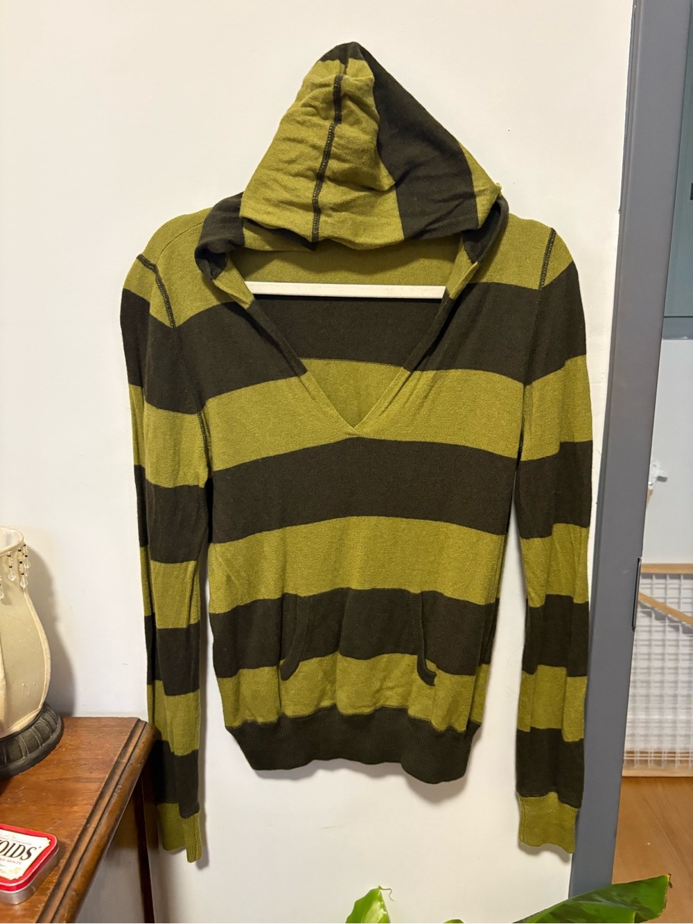J. Crew Olive and Dark Brown Striped Hooded V-Neck Sweater